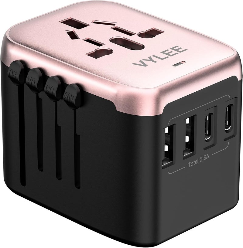 VYLEE Universal International Power Travel Plug Adapter, 5 in 1 European Travel Plug Adapter W/ 3.5A 2xUSB-A and 2xUSB C Wall Charger and Worldwide AC Outlet for Europe USA UK AUS(Rose Gold) - Image 1